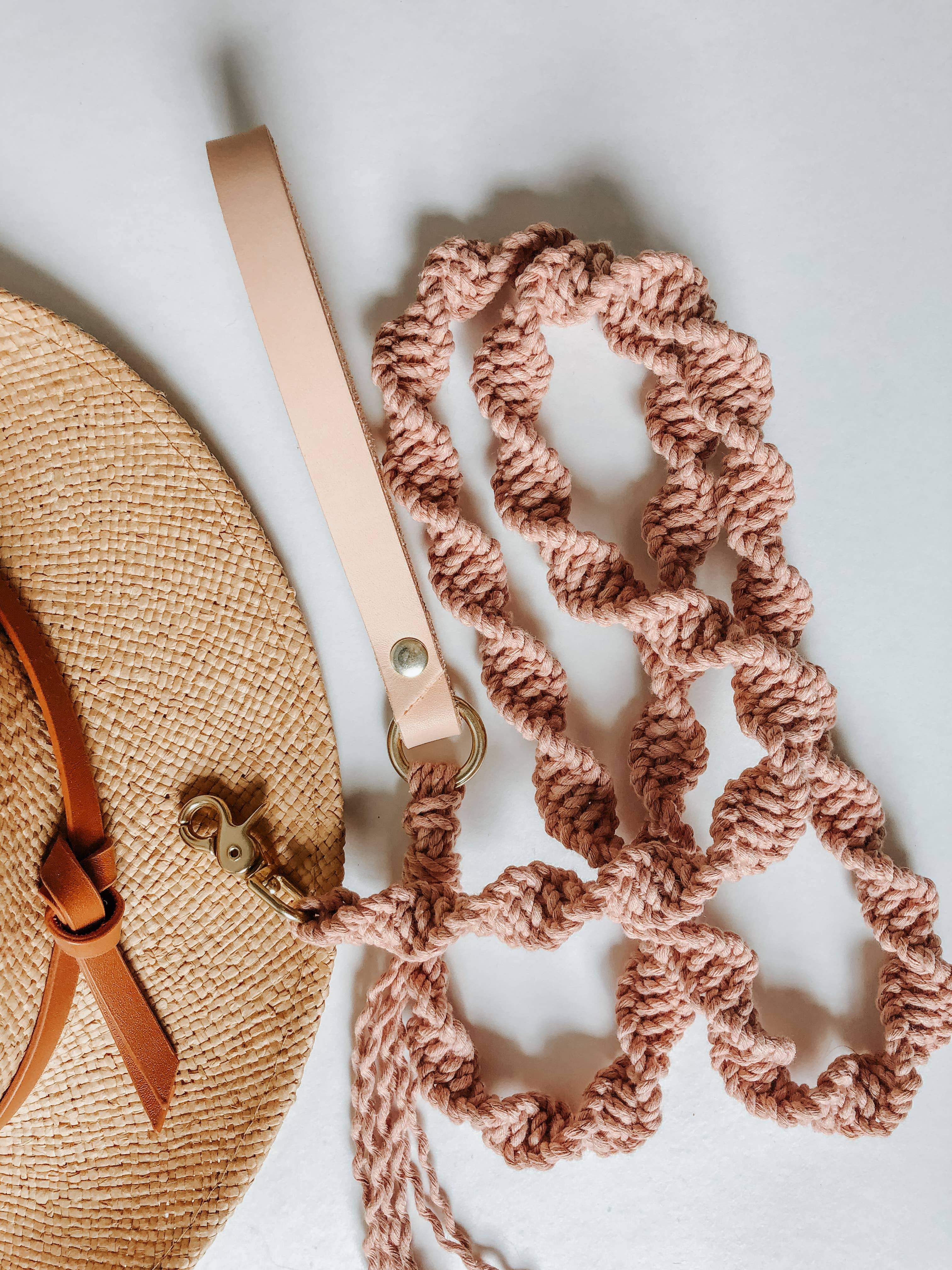 Macrame Spiral Dog Leash w/ Leather Handle